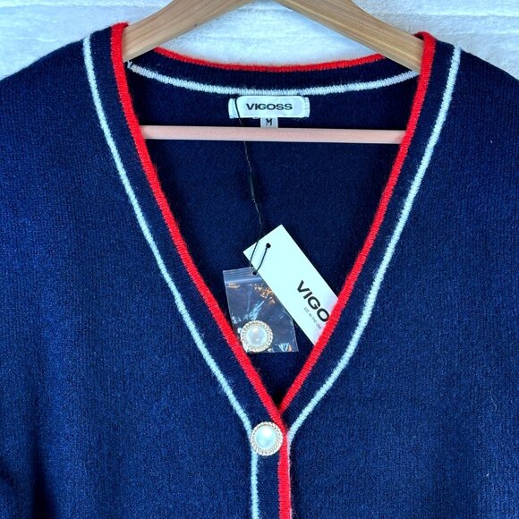 Vigoss Navy Longline Belted Cardigan Sz M Pearl Gold Buttons Nautical Trim NWT - Picture 5 of 8